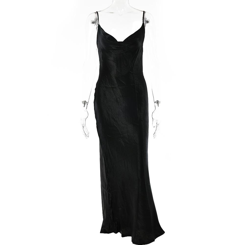 Women's Cowl Neck Sleeveless Midi Dress Fitted High Waist Elegant Satin Spaghetti Strap Backless Evening Dress