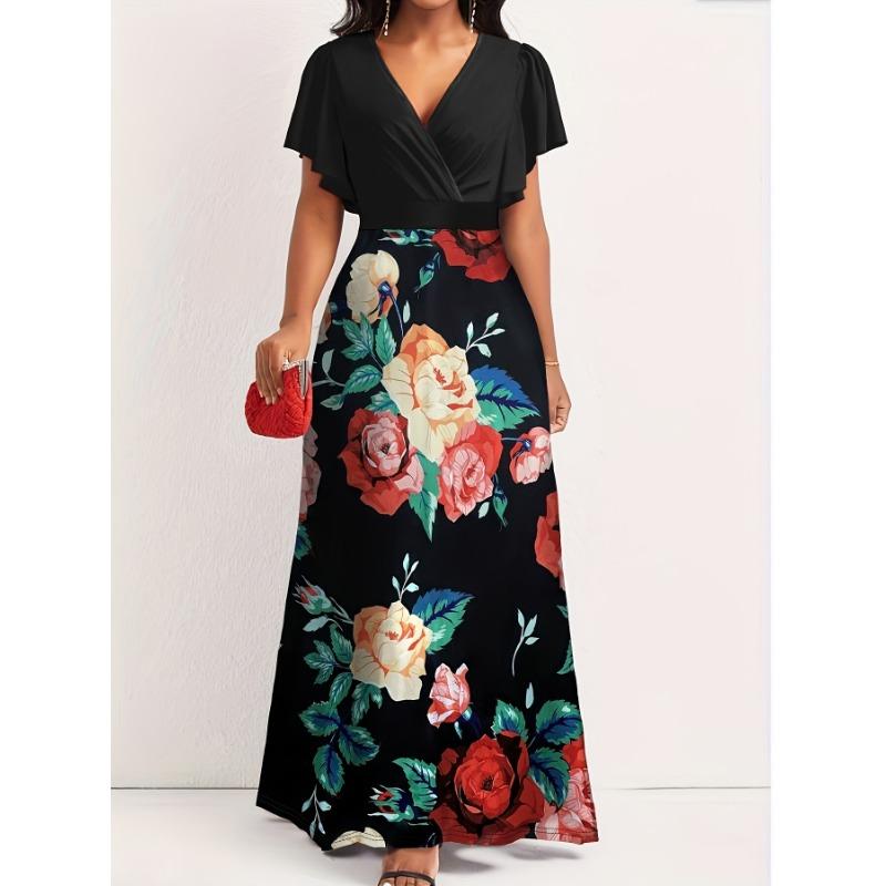 

Элегантное платье больших размеров, женское вечернее платье макси с цветными блоками и цветочным принтом на шее и оборками XXXXXL