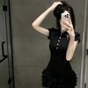 Black POLO neck short-sleeved dress for women's summer new academic style slim-fitting, light and elegant, thin cake skirt
