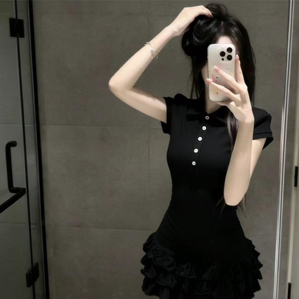 Black POLO neck short-sleeved dress for women's summer new academic style slim-fitting, light and elegant, thin cake skirt