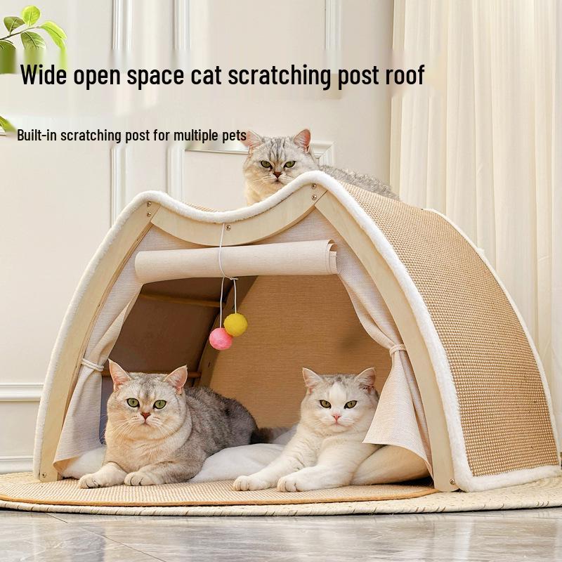 Super Large All-Season Cat & Dog House: Sisal Scratching Board, Solid Wood Enclosed Bed, Cat Tent Villa