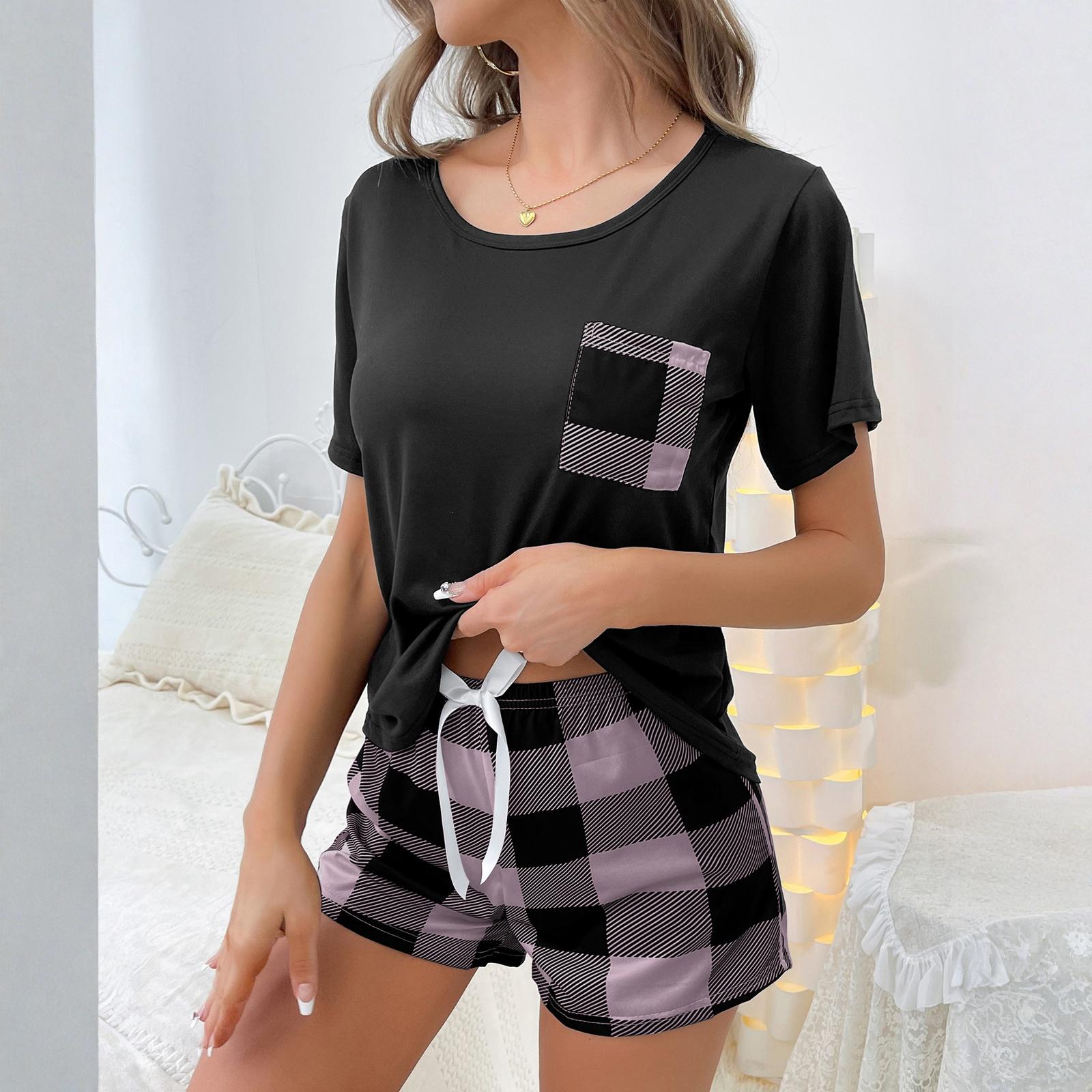 

Women s Sleepwear French Two-piece Home Suit With A Short Sleeved Shirt And Checkered Pockets, Checkered Shorts Set S розовый