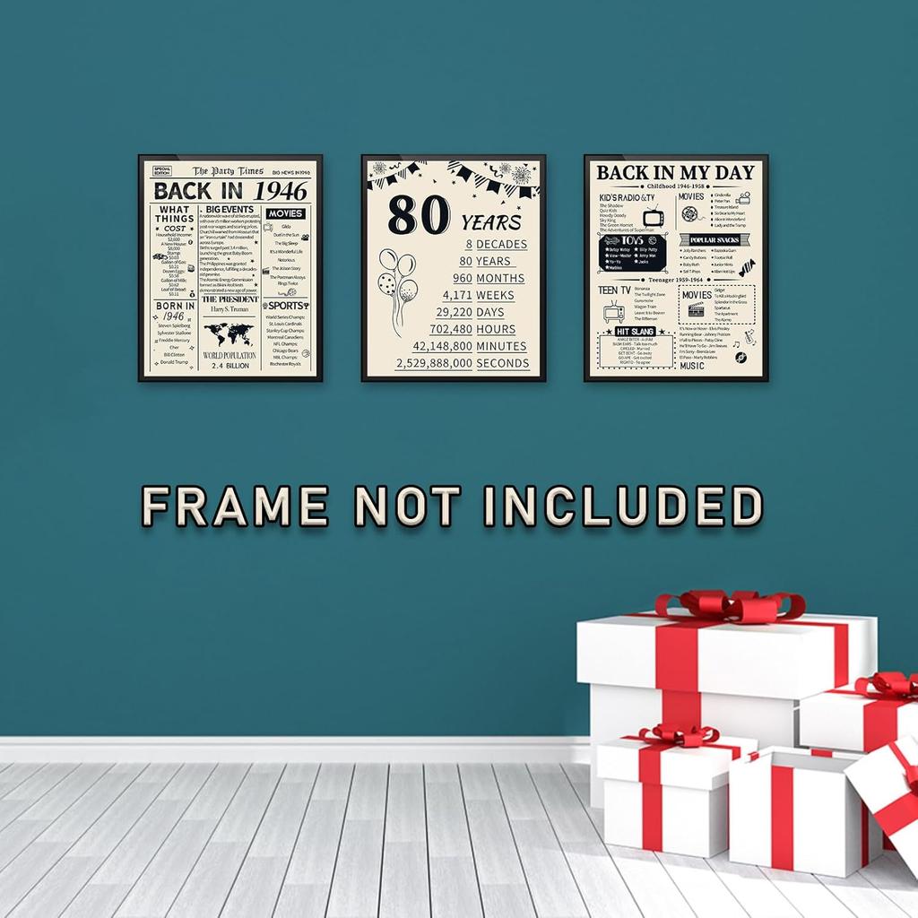HOMANGA 80th Birthday Decorations for Men and Women, 3 Pieces Vintage 80 Years Birthday Anniversary Posters, Back In 1946 Party Decoration Supplies,