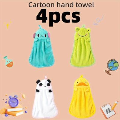 4pcs Cartoon Animal Towels Soft Coral Fleece, High Absorbency, Fade-Resistant,Modern Style,100% Polyester,Cute Animal Designs for Kitchen Bathroom Use