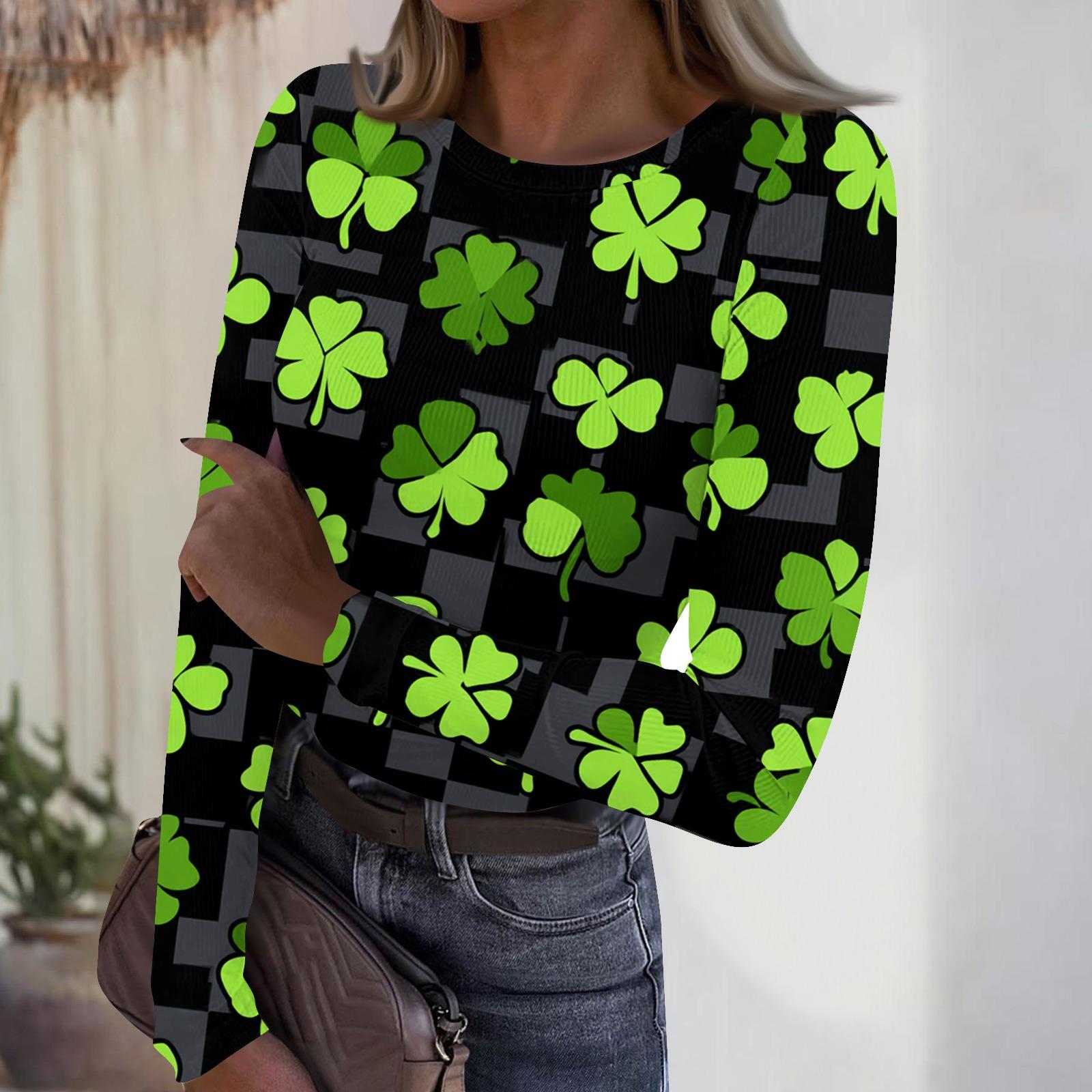 

Women s Casual Fashion Round Neck St. Patrick s Day Print Long Sleeve Ribbed Top L