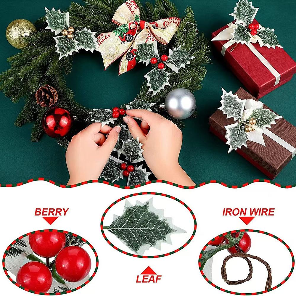 10Pcs Artificial Holly Berries Green Leaves for Christmas Decoration Fake Leaf for Home Decor Navidad New Year Gift Accessories