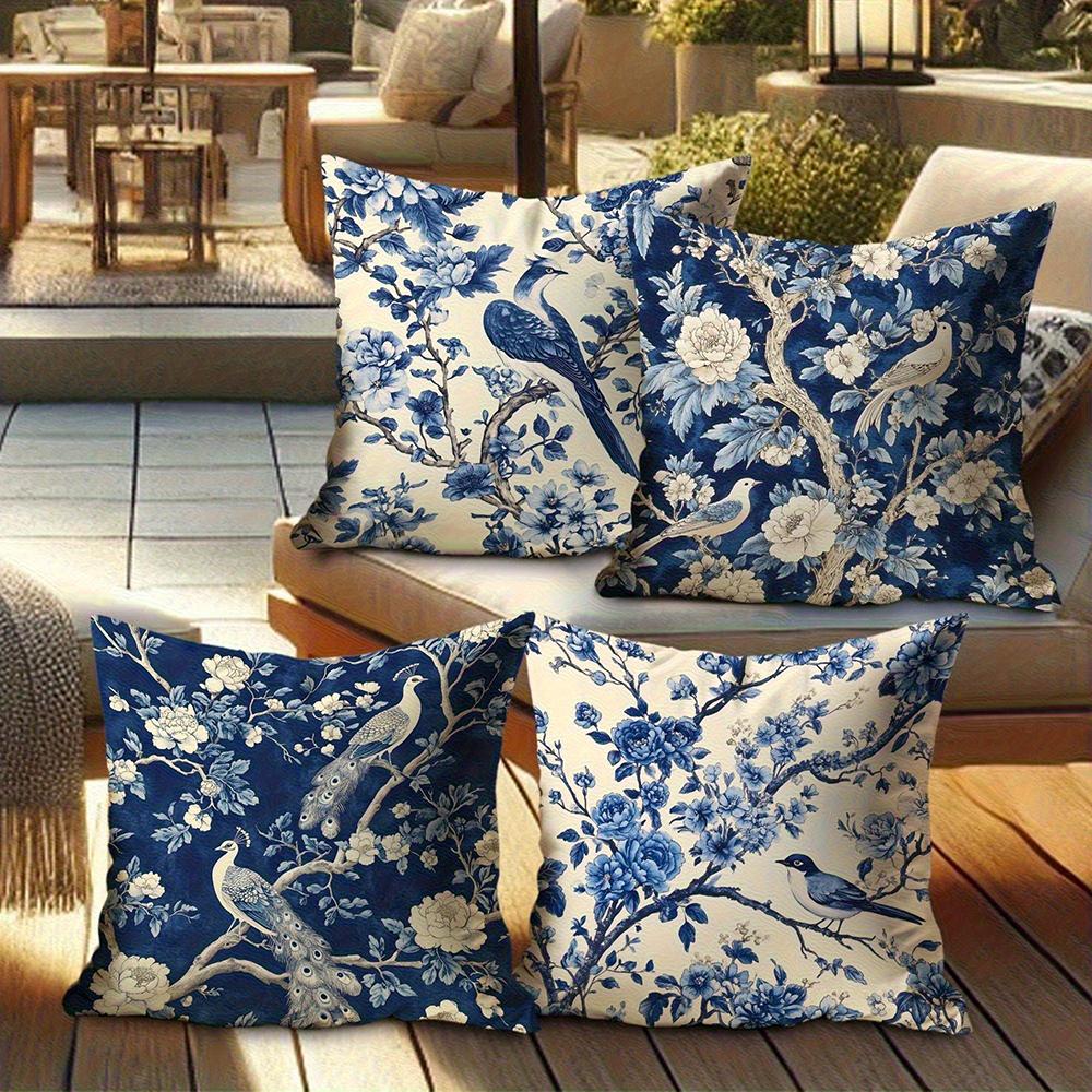 1/4pcs 2D Flat- Navy Blue Chinoiserie Peacock and Peony Floral Throw Pillow Cover Home outdoor decoration cushion cover