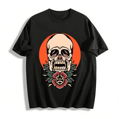 Vintage Skull Rose Print T-shirt Streetwear Trendy Graphic Top Pure Cotton T-shirt