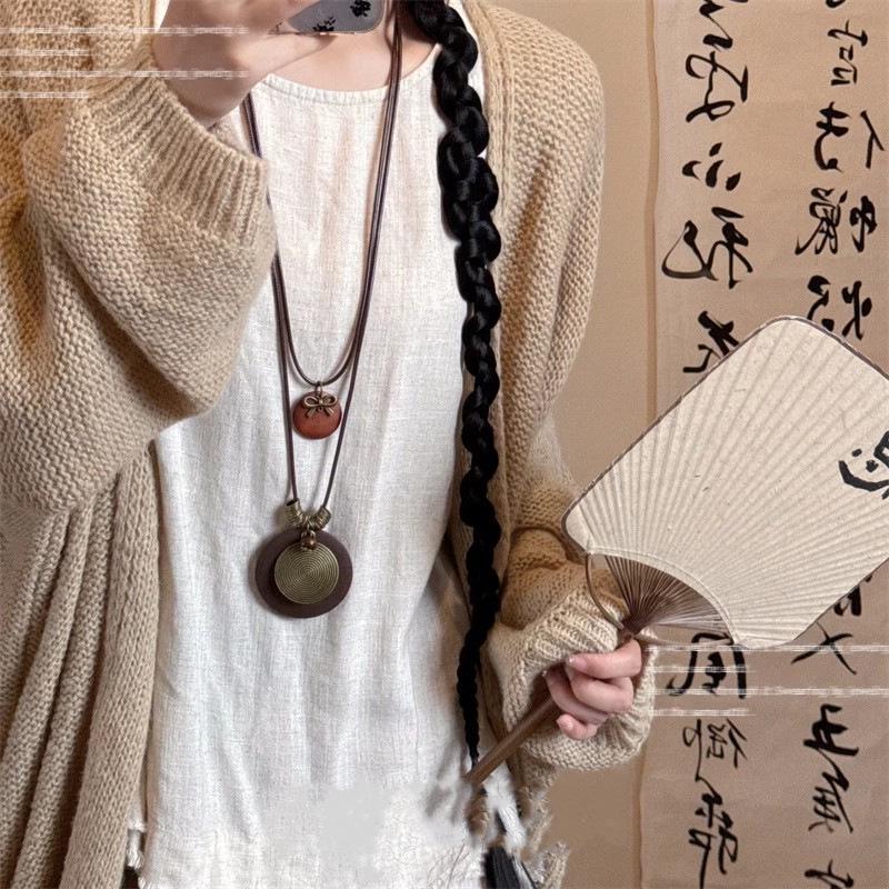 Women's Double Layer Retro Ethnic Beaded Zen Necklace with Feather Pendant