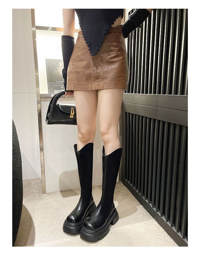 Muffin bottom high boots thick heel thick sole height but knee long boots small versatile knight boots women ins tide