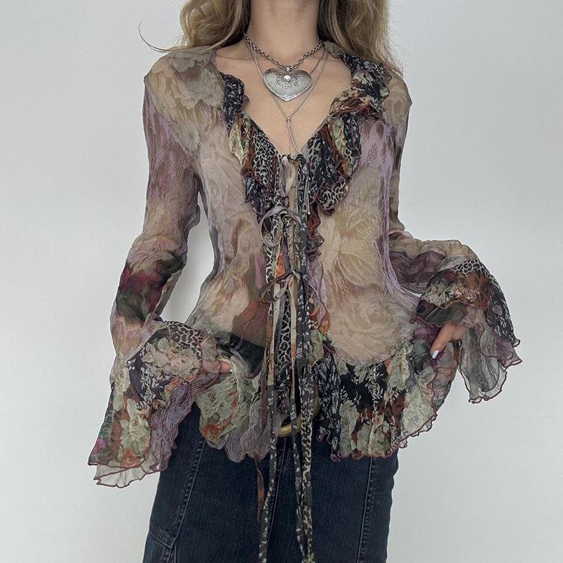 Printed Lotus Leaf Edge Lace-up Mesh Top Retro Light and Thin Niche Slim-fitting Horn Long Sleeve