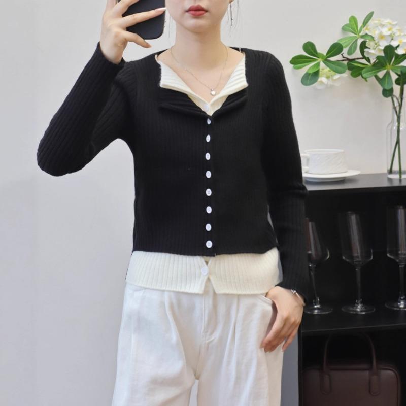 Contrasting color fake two-piece long-sleeved knitted cardigan autumn new slim-fitting and thin design bottoming top women