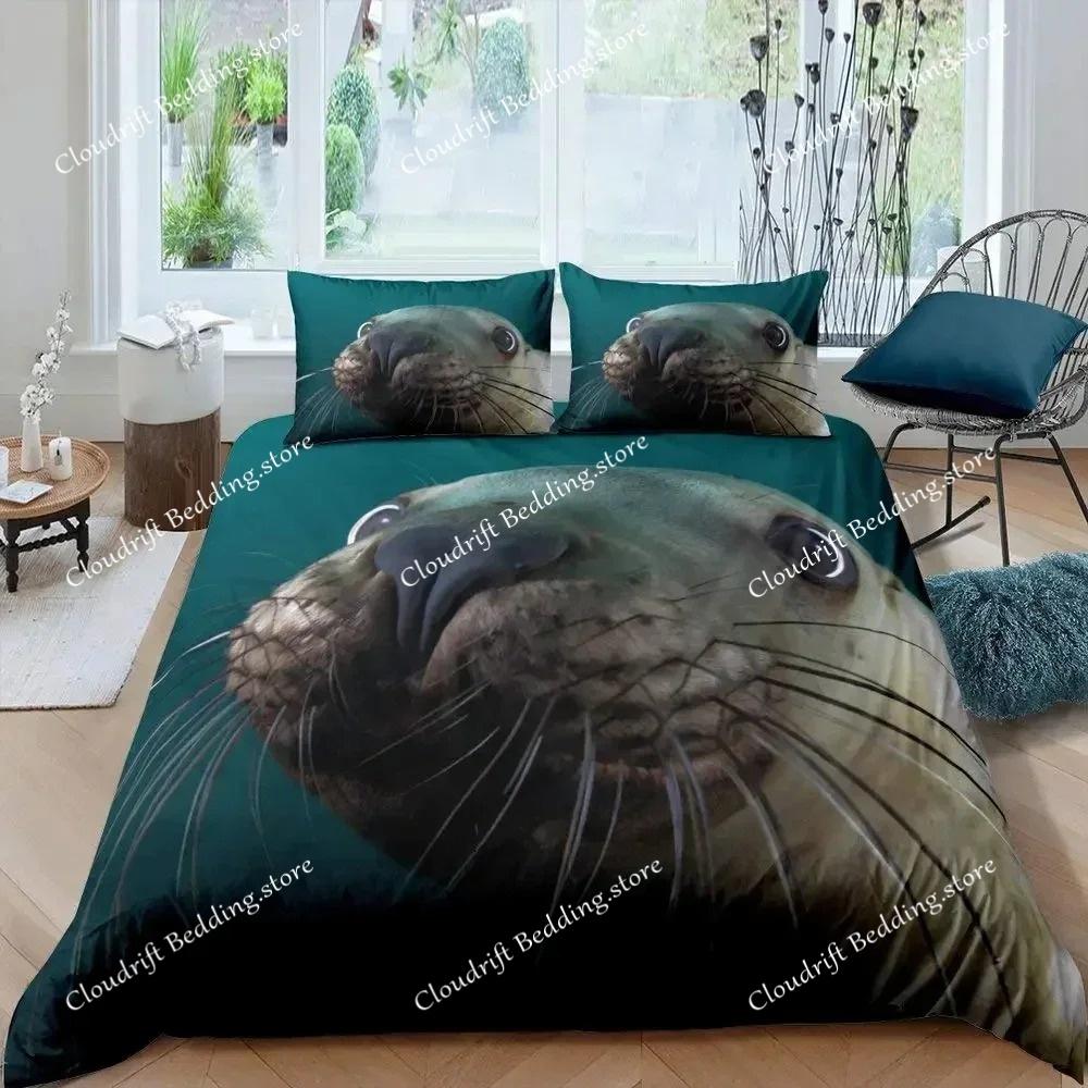 Siegel Bettbezug King Size Schönes schwimmendes Siegel Bettwäsche-Set Niedlicher Ozean Exotischer Stil Meeresleben Polyester Deckenbezug