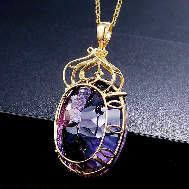 Oval Amethyst Pendant Necklace, Large Purple Zircon Jewelry