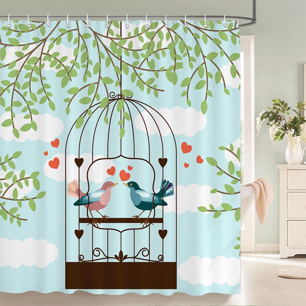 1 pack of Green leaf plant pattern polyester shower curtain bathroom partition curtain with hooks home decorative curtain