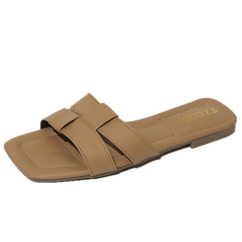 Square-toed thick-heeled cool slippers for women's outer wear summer new fashion woven one-word beach slippers