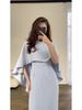 European and American 2024 Solid Color Satin Batwing Shawl Dress with Long Sleeves