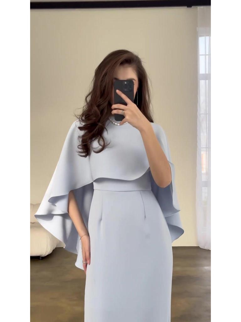 European and American 2024 Solid Color Satin Batwing Shawl Dress with Long Sleeves