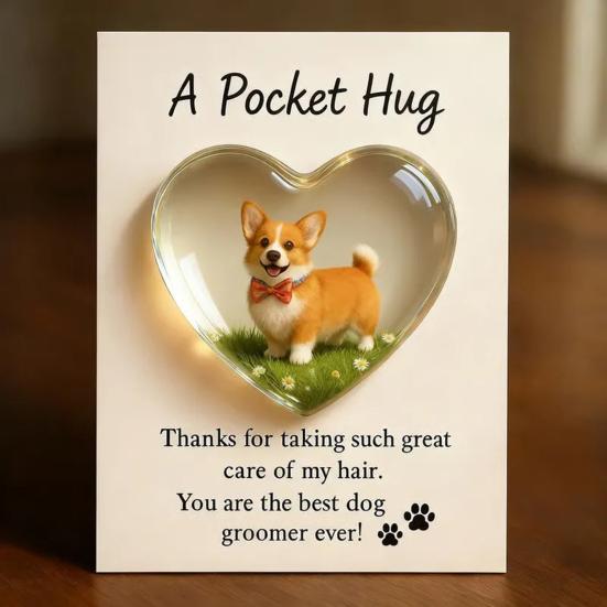 Kieszonkowy przytulasek dla psiego groomera z kartką z życzeniami Akrylowy w kształcie serca Żeton kieszonkowy do przytulania dla groomerów zwierząt Domowy upominek podziękowanie dla groomera Pamiątka na pamiątkę