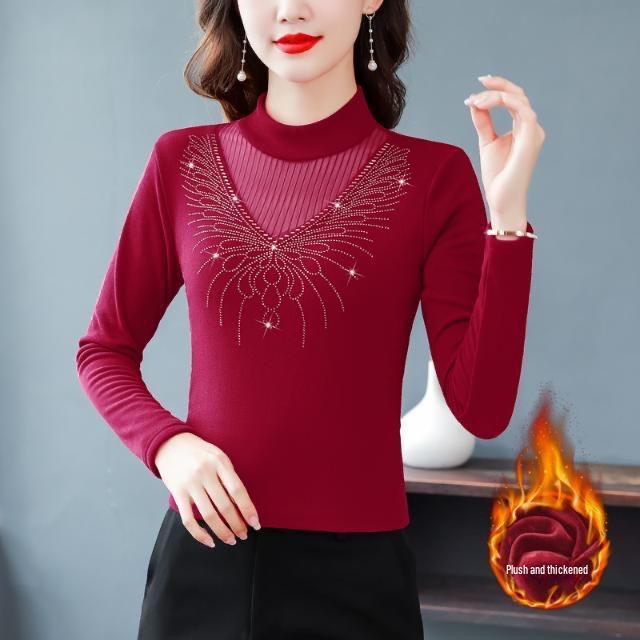 

Топ с длинными рукавами из немецкого бархата и кружева — теплая женская тенденция на осень/зиму для мам среднего возраста Medium вино красного