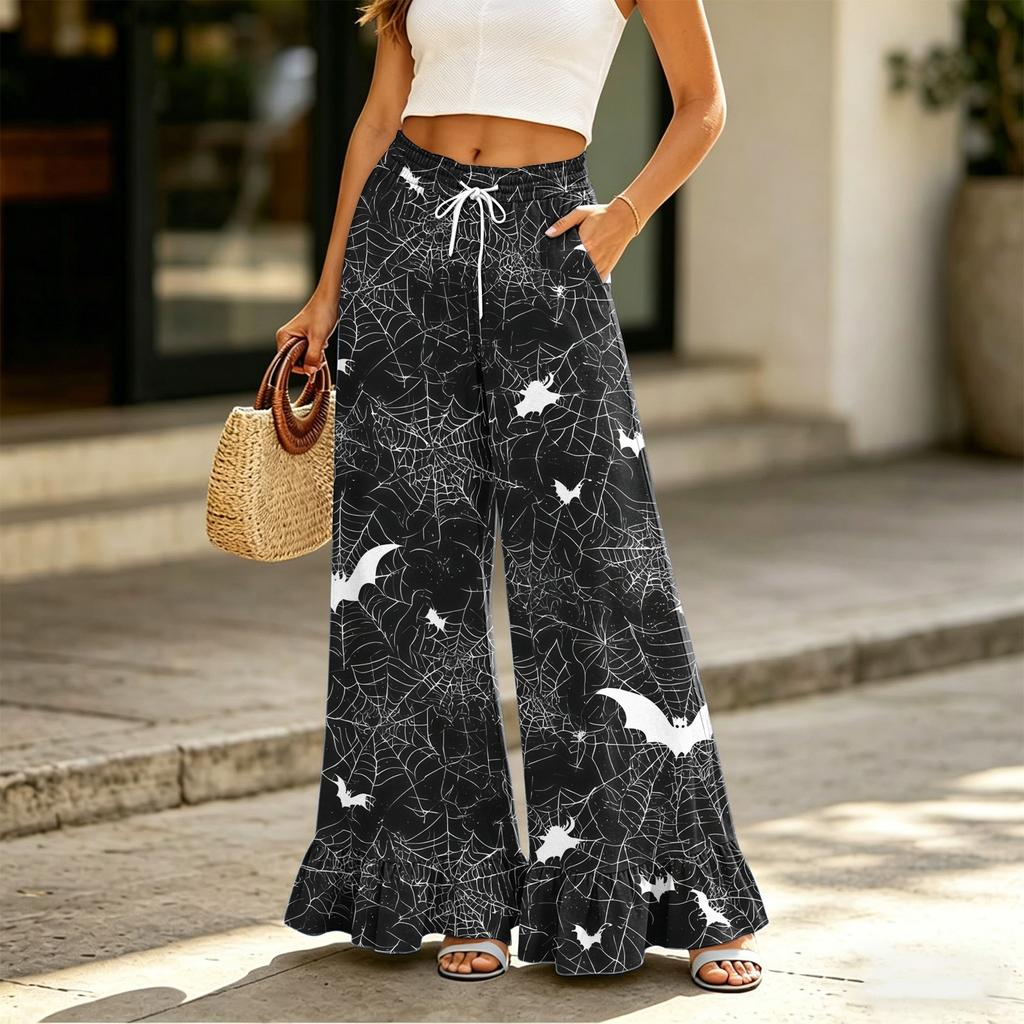 Pantaloni Larghi da Donna con Tasche Vita Alta Coulisse Vestibilità Larga Pantaloni Casual Stampa Halloween Leggeri Comodi
