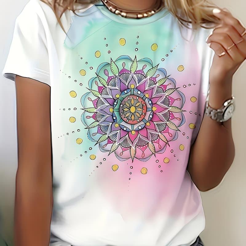 3D digitale print ronde hals casual T-shirt met korte mouwen, modieuze top met korte mouwen en ronde hals