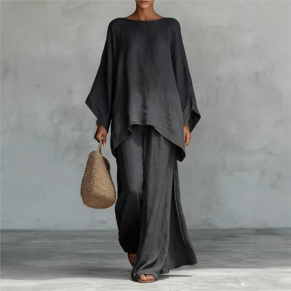 Fashion Linen Loose Long-sleeved Wide-leg Trousers 2-piece Set Women Spring Casual Retro Elegant Female Simple Trousers Suit