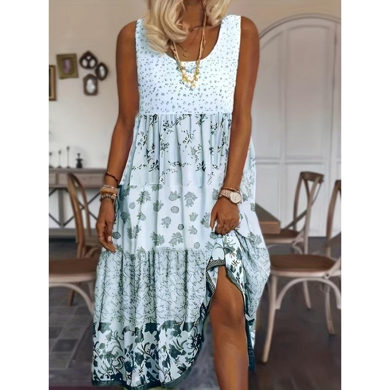 Summer New Women's Dress O-neck Flower Print Elastic Comfortable Simple Vacation Beach Sundress Midi Skirt