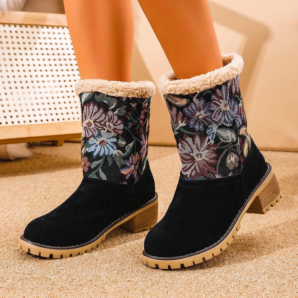 Bottes de Neige en Daim Floral Grande Taille pour Femmes Décontractées Mi-Mollet Imperméables à Plateforme Talon Épais Fourrure Polaire Antidérapantes Coton Chaussures Bottes 35-43