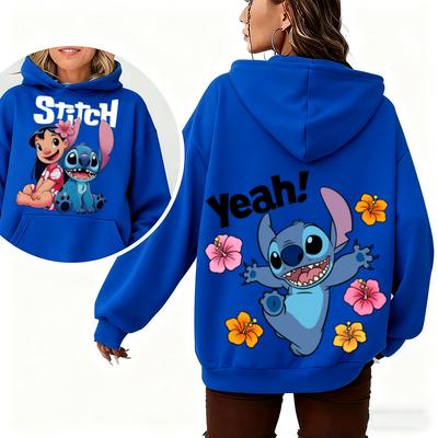 Dámská mikina s kapucí Lilo & Stitch Podzim Zima Teplý top s roztomilými kreslenými květinovými potisky pro módní pouliční ležérní top