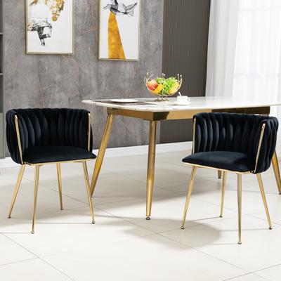 (Oude SKU:W1880109475)Fluwelen Eetkamerstoel Set met Gouden Metalen Poten, Handgeweven Ontwerp en Zachte Kussens voor Eetkamer en Slaapkamer (Set van 2)