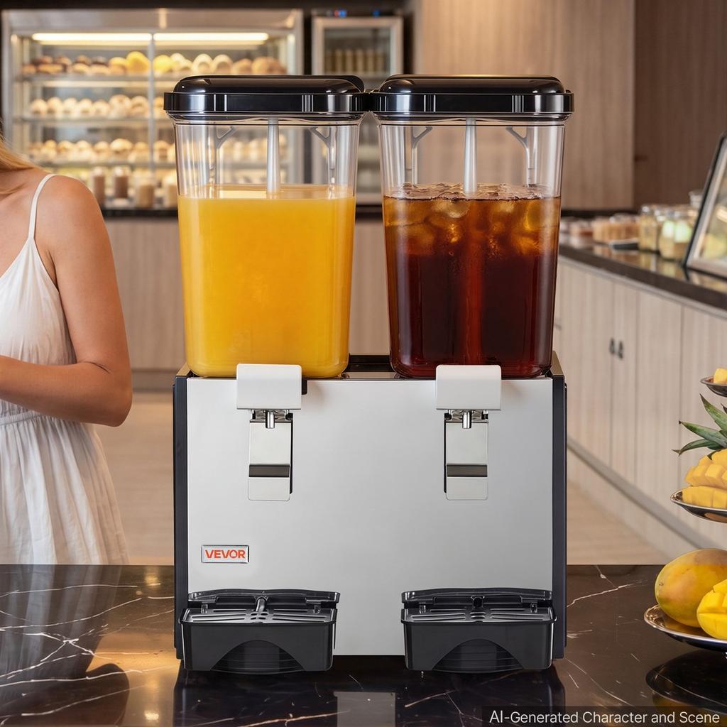 Commercial Beverage Dispenser 2 Tanks 18 L / 19 QT Per Tank, Stainless Steel Juice Dispenser, Ice Tea Drink Machine with 7 to 12 Cooling Temperature,