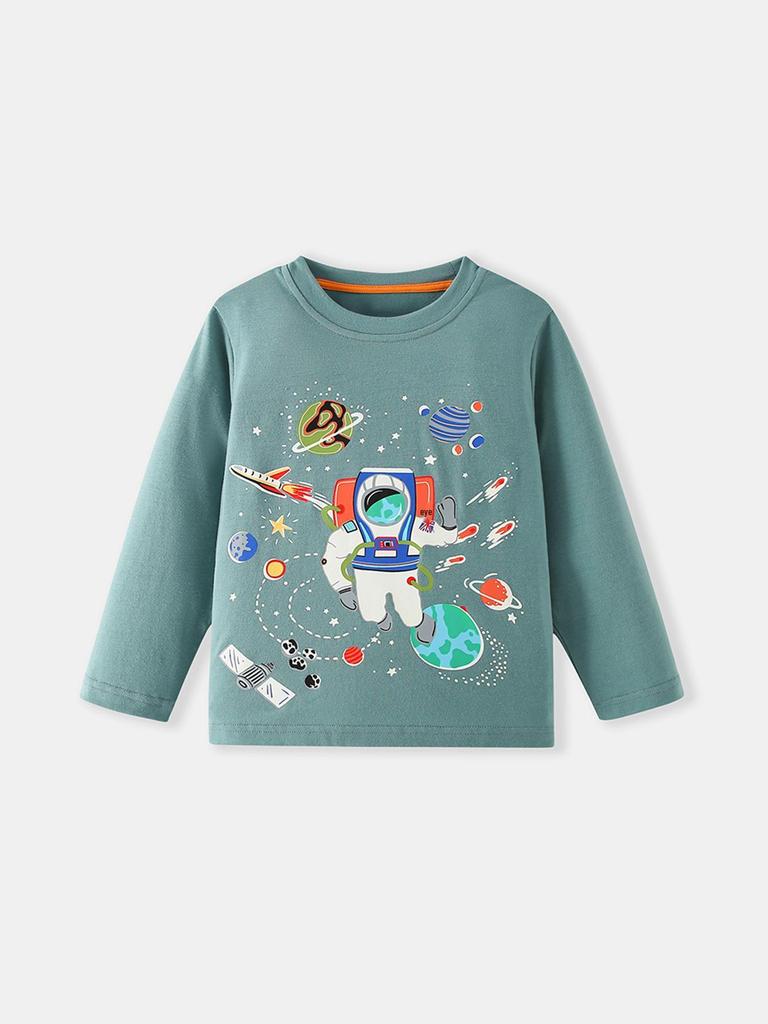 Boys' Luminous Astronaut Space T-shirt - Long-Sleeved Casual Base Layer for Autumn/Winter