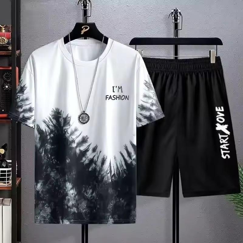 Men's New Summer Fashionable Breathable Round Neck Top Paired with Letter Pattern Drawstring Shorts Casual Sweat Wicking Set
