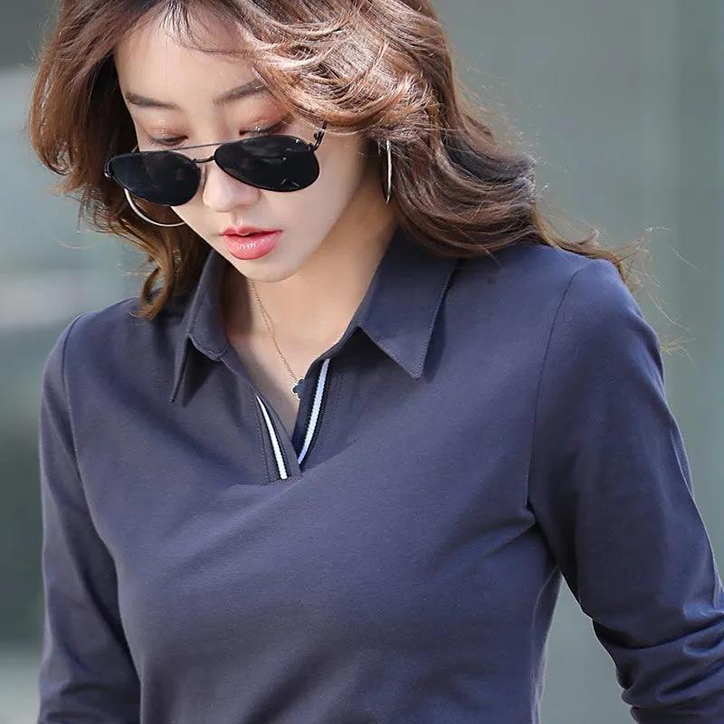 Camisa informal de algodón con solapa para mujer, Tops ajustados de manga larga para mujer, camisetas coreanas de primavera para oficina, blusa elegante para mujer