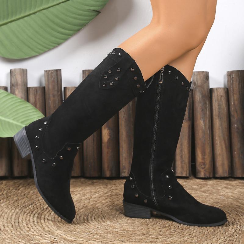 Women's Retro V-Cut Western Cowboy Boots, Pointed Toe Chunky Heel Fashion Boots, Plus Size Fall Winter Shoes