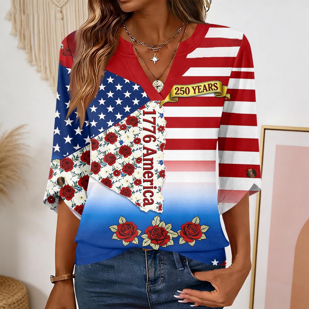 Women’s V Neck 3/4 Sleeve Casual Top with 250th Anniversary Butterfly Print Relaxed Fit Independence Day Shirt