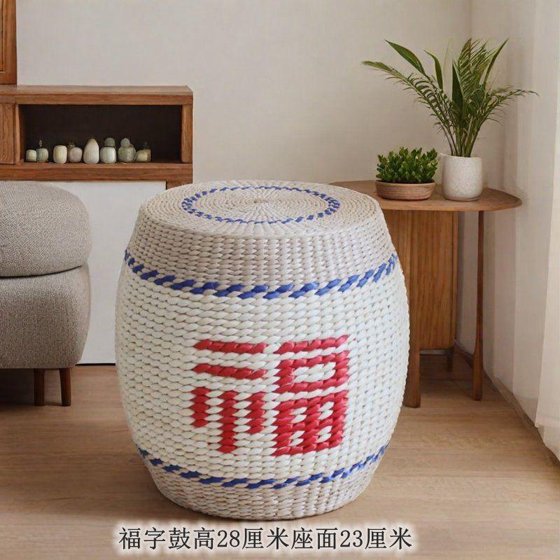 Round Rattan Ottoman Seat Cushion Handmade, Tatami Footstool, Tea Table Stool for Living Room, Low Height Chair