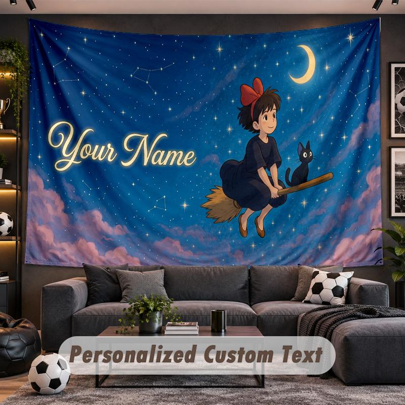 Kiki's Delivery Service Jiji Personalized Tapestry Support Custom Name, Wall Art Home Decoration