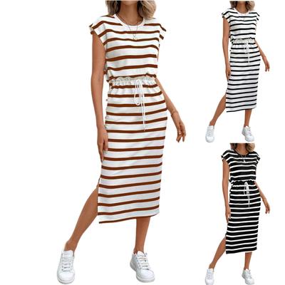 Damenmode Gestreiftes Lockeres Kleid mit Schlitz Rundhalsausschnitt Freizeitkleid