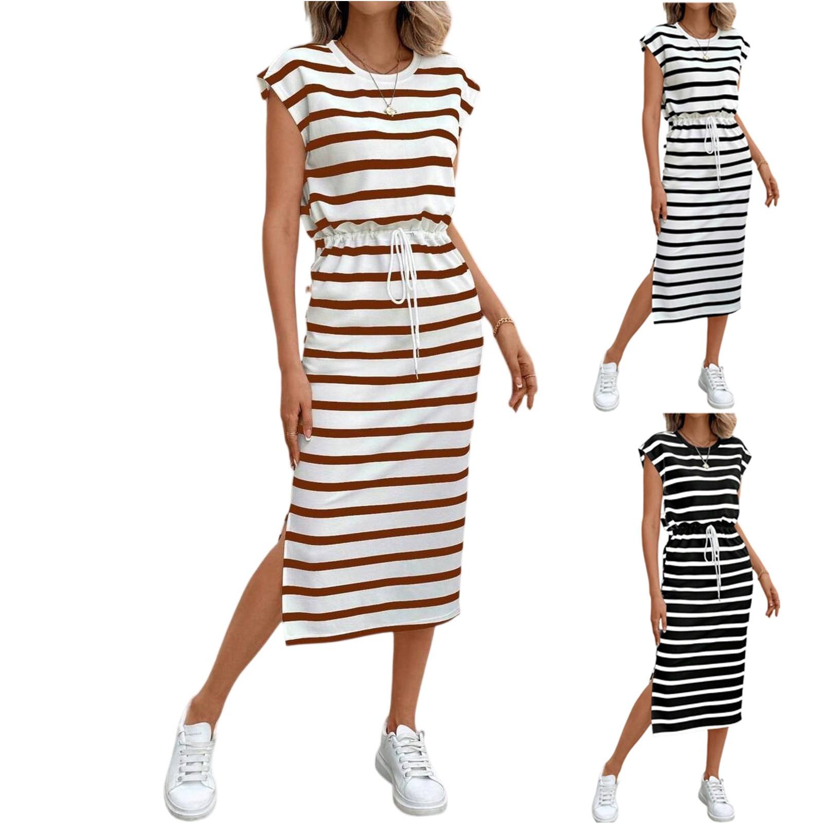 

Women s Fashion Striped Loose Slit Round Neck Casual Dress M