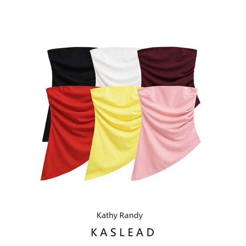 Kaslead New Women clothes Western Style Versitile Fashion Pleat Slim fit Asymmetric Top 5644996