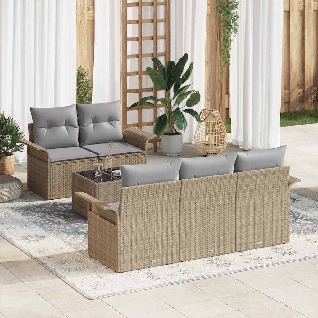 6 Piece Beige Poly Rattan Sofa Set with Cushions