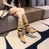 Women High Boots Trend Retro Metal Buckle Pointed Toe Thick Heel Tassle Western Cowboy Boots Female Shoes Botas De Mujer