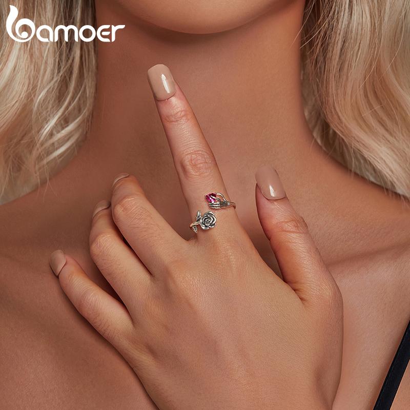BAMOER 925 Sterling Silver Rose Skeleton Hand Opening Ring Cubic Zirconia Vintage Ring Oxidized silver For Women Fine Jewelry
