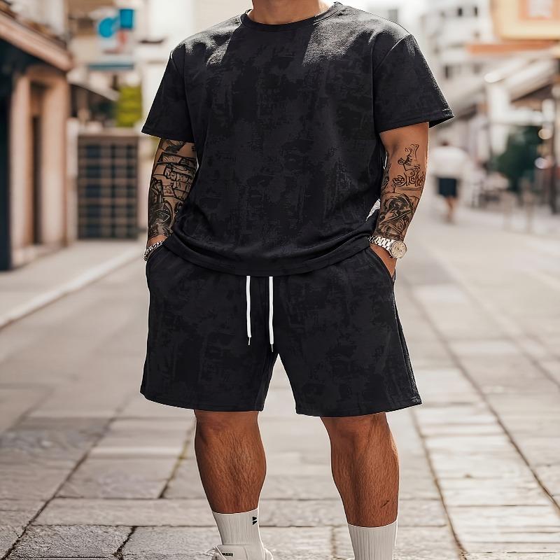 

Men s digital printed 2-piece set with upper body, short sleeves, round neck, T-lower body, drawstring shorts, comfortable and casual matching 8XL