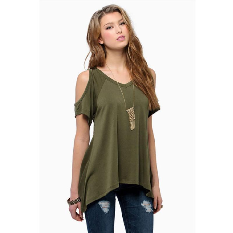 Chic Polyester Blend Round Neck Off-shoulder Batwing Sleeve T-shirt For Nightclub
