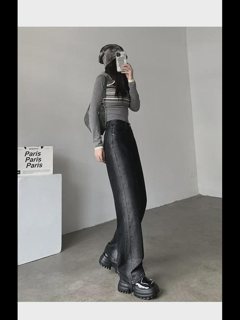 Gradient Black High-Waisted Wide-Leg Jeans for Women - Autumn/Winter Style with Contrasting Colors and Loose, Floor-Length Fit