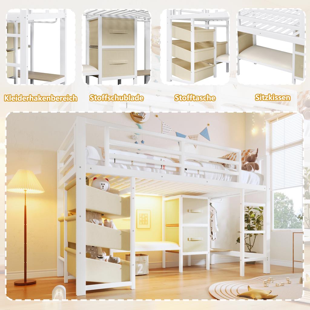 90*200 cm, halbhohes Bett, Sitzkissen, Stoff-Stauraumschublade, Aufbewahrungstasche, mehrfarbige LED-Beleuchtung, Kleiderhaken, Metall, ohne Matratze, weiß
