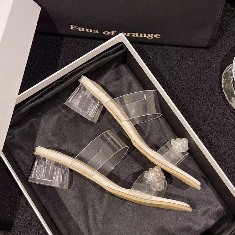 Transparent sandals women's high heels summer 2025 new women's shoes medium heel versatile thick heel outer wear rhinestone cool slippers